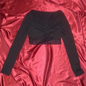 Black Long Sleeve Cropped Top with Lace Detail
